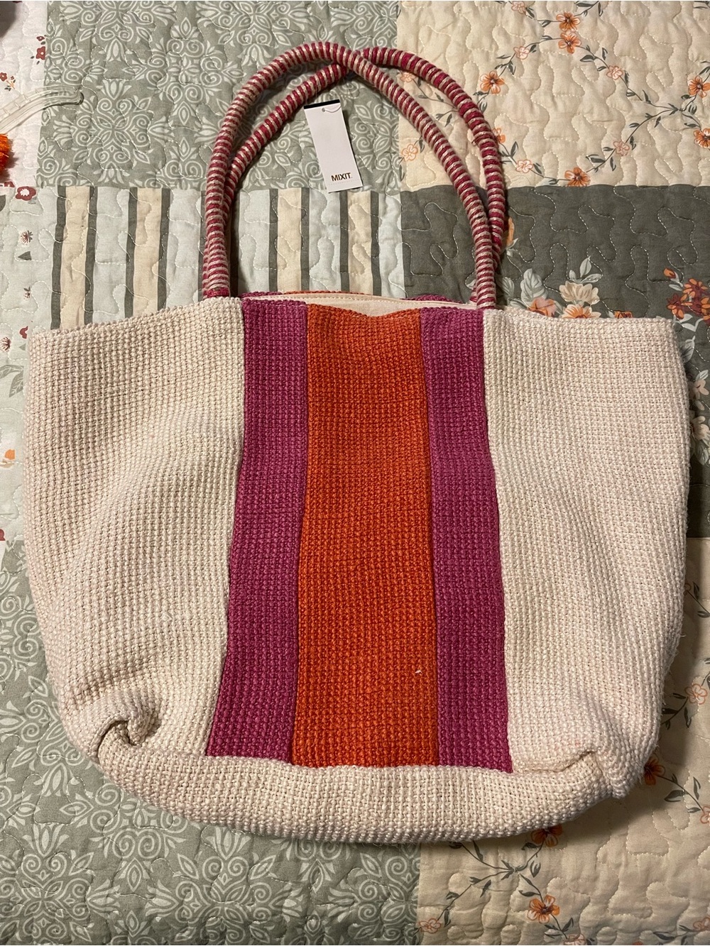 Mixit Cream Tote with Pink and Orange Center Stripes